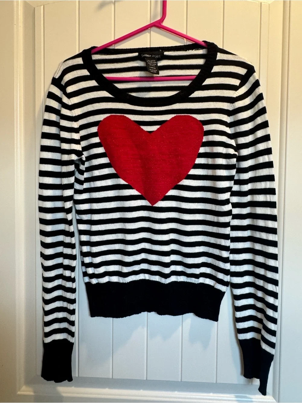 Black & White Striped sweater with Red sparkly Heart